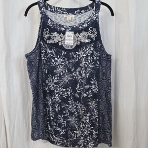 Style & Co. Navy White Floral Boho Crossstitch Lace Inset Tank Top 1X 2X